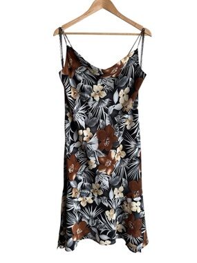 Vintage 90s Floral Slip Dress Sz 14 Petite Tropical Black Brown Midi Bold EUC